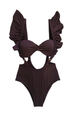 Bañador Cartagena color marron. Parte delantera.  Verano 2026
 Traje de baño compuesto por top badeau armado con copas y aros, combinado con braguita alta con tirantes.
Tejido en poliéster y elastano hacen de este bañador una pieza única de gran sujeción y rápido secado. 